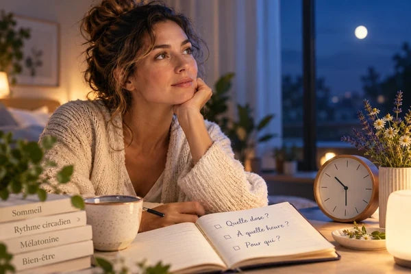 Femme pensive le soir près d'une horloge et d'un carnet ouvert : mélatonine, dose et heure du coucher
